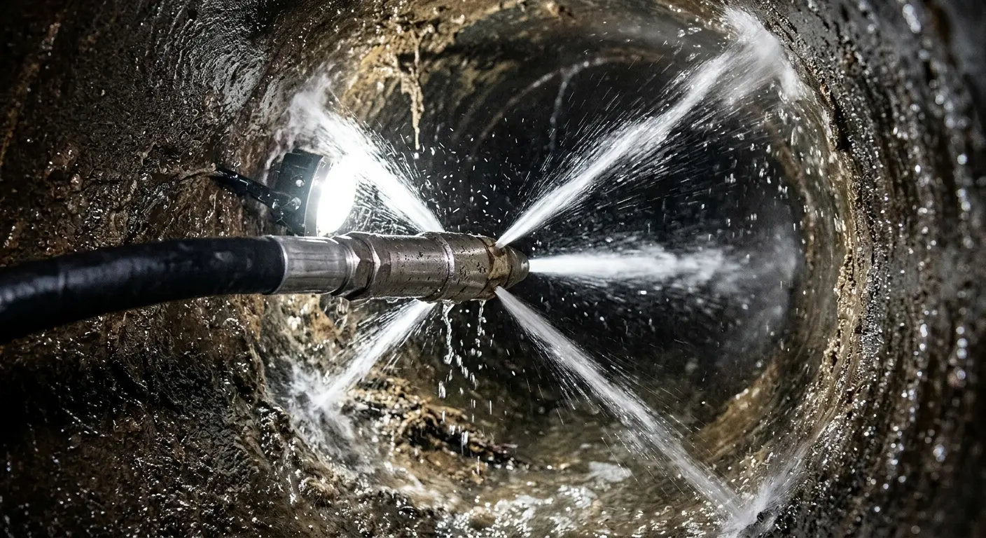 High-pressure hydro jetting nozzle cleaning sewer pipe for Trenchless Sewer Repair in Lower Gwynedd